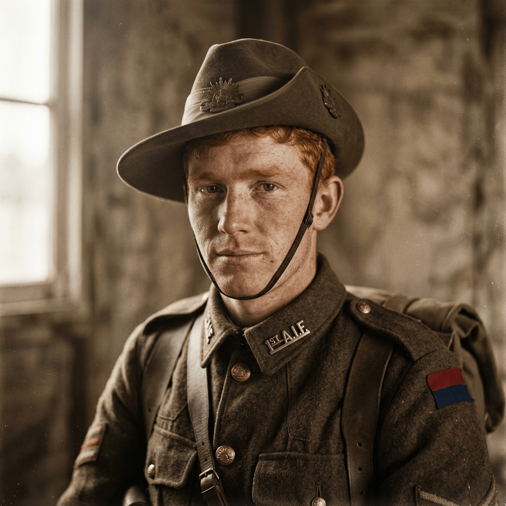 Australian WWI soldier in uniform with slouch hat and insignia