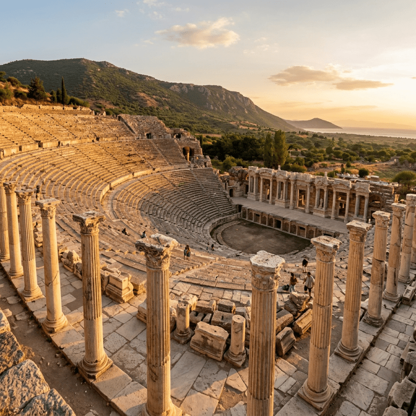 Ruins of an ancient Roman theater with stone seating and columns