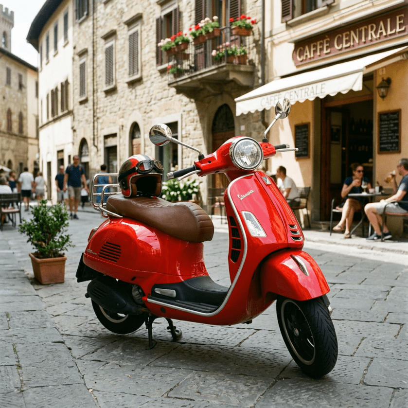 Red Vespa scooter with brown seat and helmet parked on cobblestone street near café